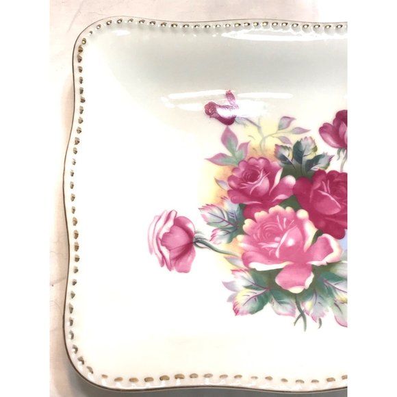Vintage 8.5” square bowl, pink roses floral design, golden gilt trim, made in Ja - Picture 6 of 7